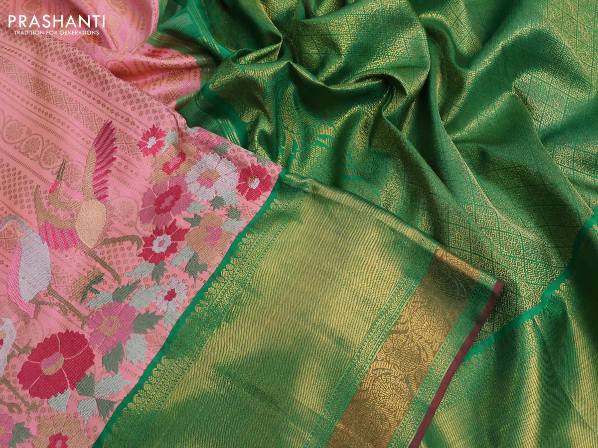 Pure kanchipuram silk saree peach pink and green with allover zari weaves and embroidery work long zari border - Image 3
