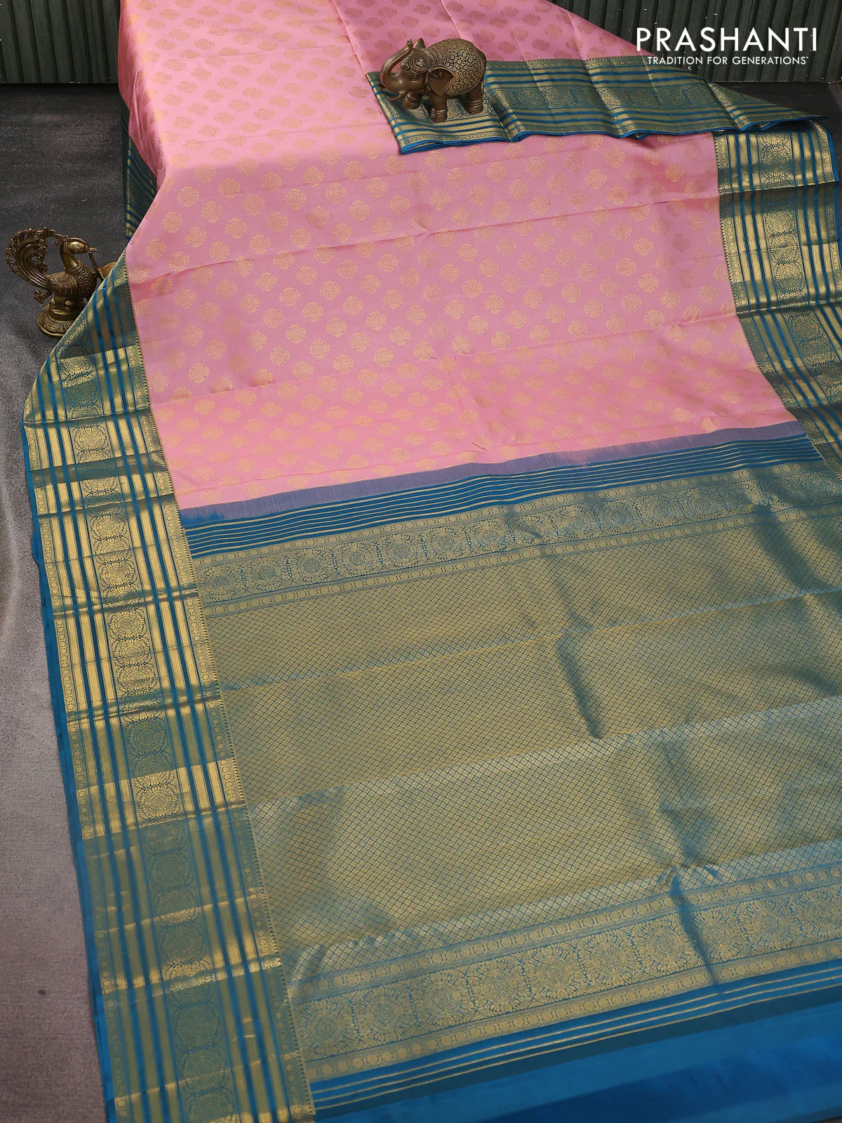 Pure kanchipuram silk saree peach pink and peacock blue with zari woven buttas and zari woven korvai border - Image 2