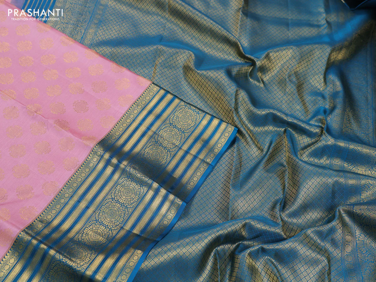 Pure kanchipuram silk saree peach pink and peacock blue with zari woven buttas and zari woven korvai border - Image 3