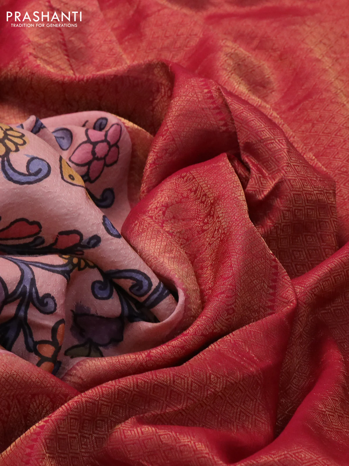 Pure kanchipuram silk saree peach pink and pink with allover pen kalamkari prints & zari buttas and zari woven border - Image 3