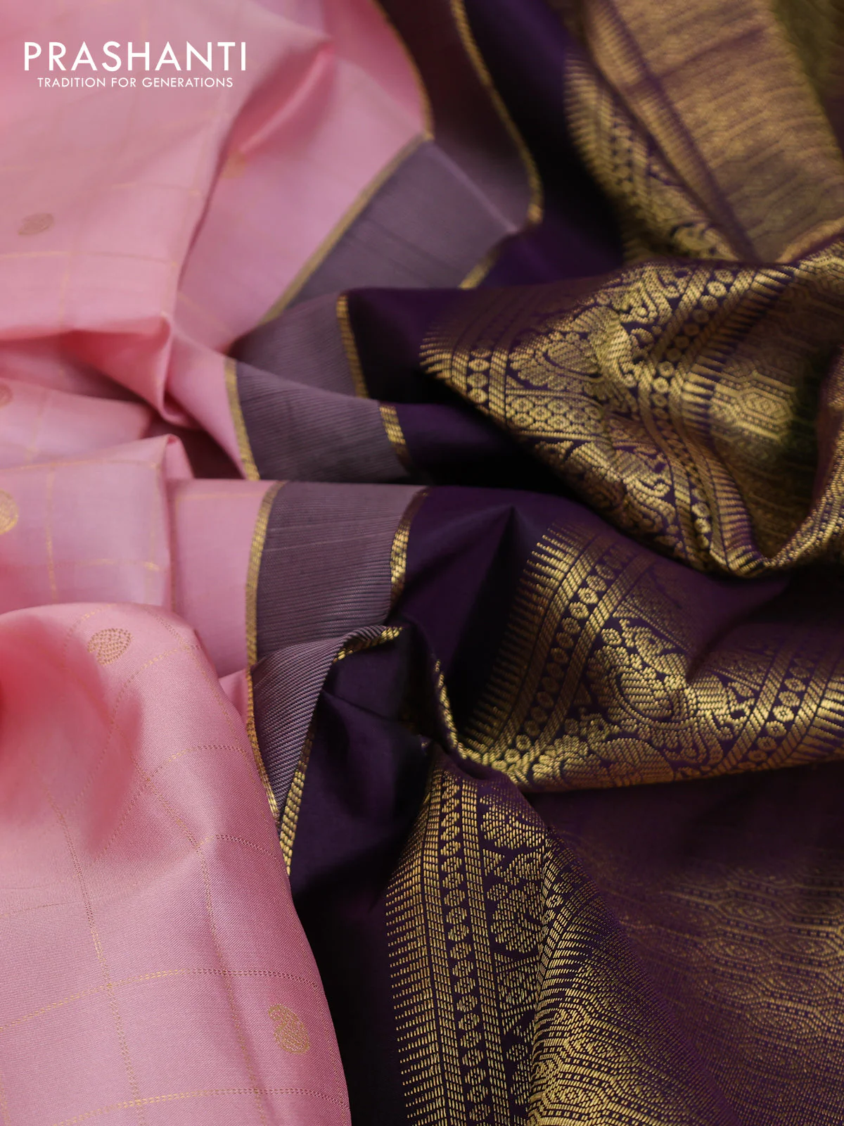 Pure kanchipuram silk saree peach pink and purple with allover zari checks & paisley buttas and elephant & annam zari woven border - Image 8