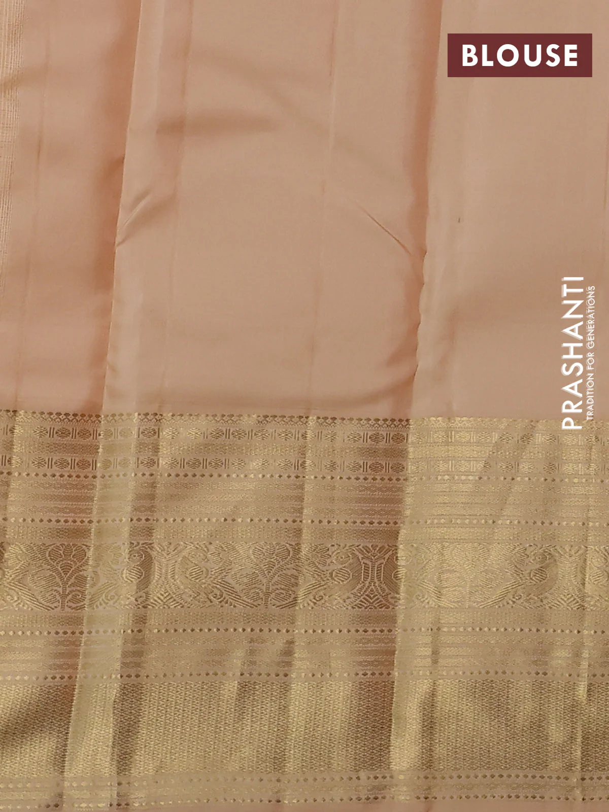 Pure kanchipuram silk saree peach pink and sandal with zari woven buttas and long zari woven korvai border - Image 3