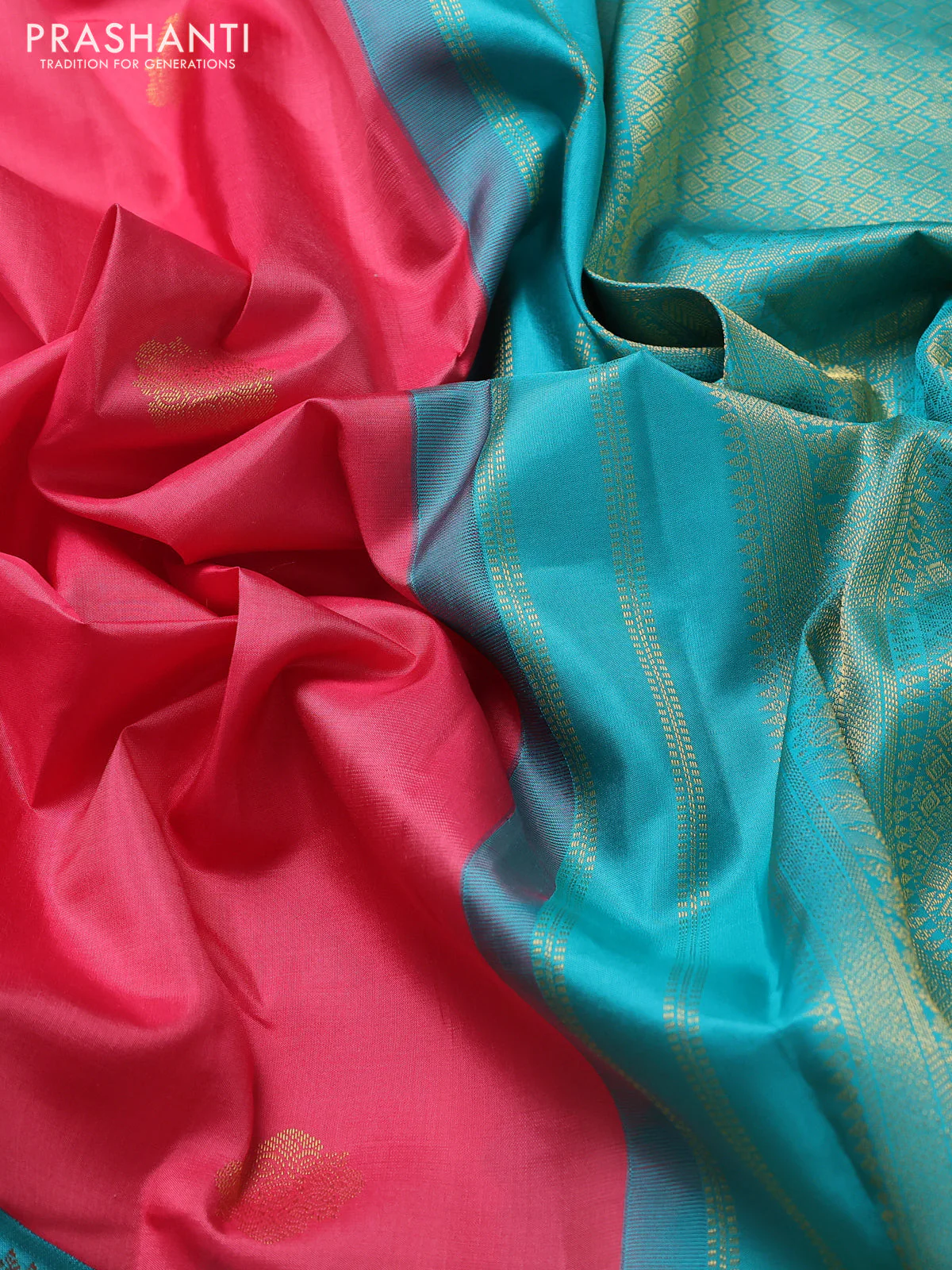 Pure kanchipuram silk saree peach pink and teal green with zari woven buttas and long zari woven korvai border - Image 3