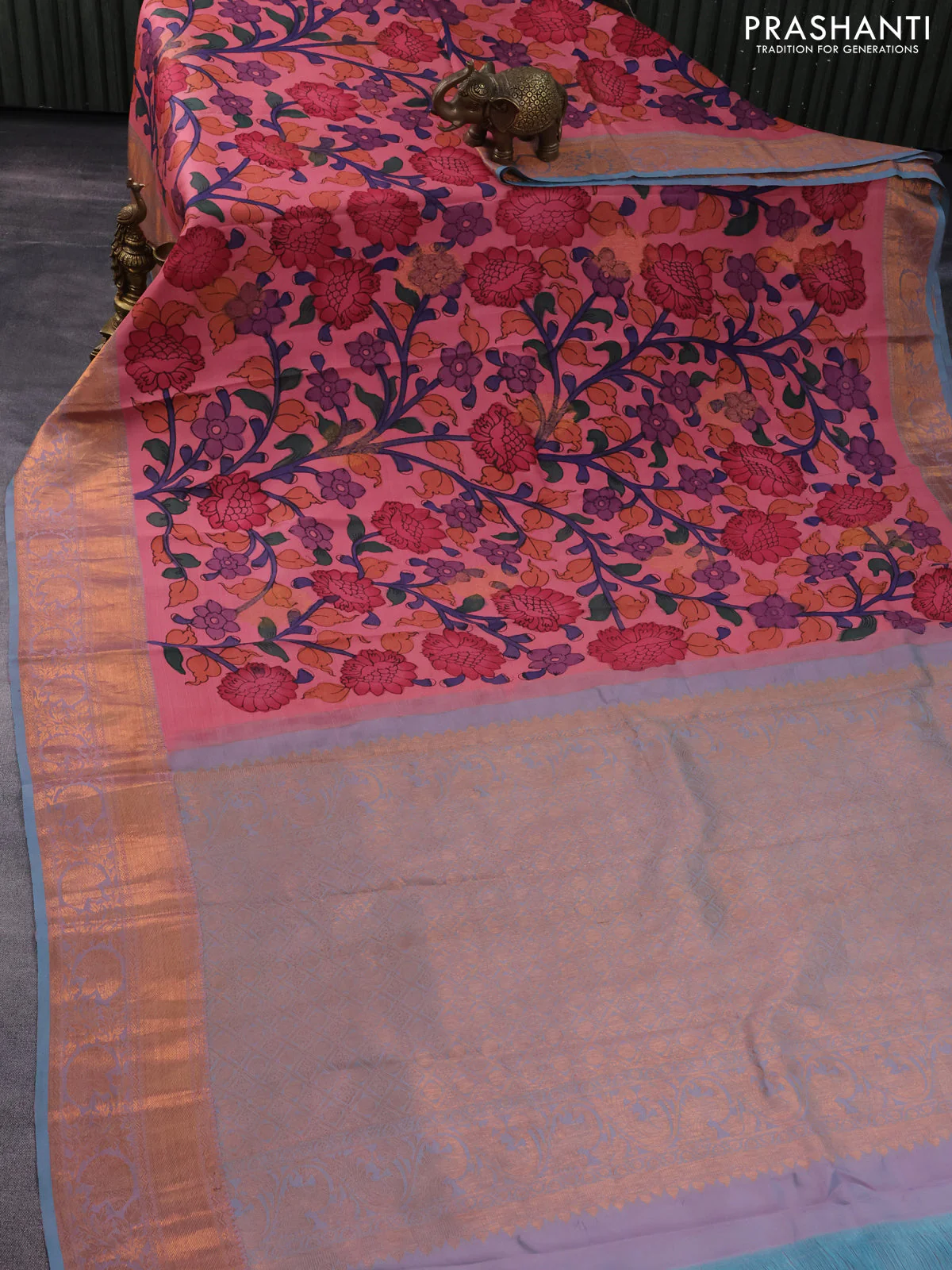 Pure kanchipuram silk saree peach pink and teal shade with allover pen kalamkari prints and copper zari woven border - Image 2