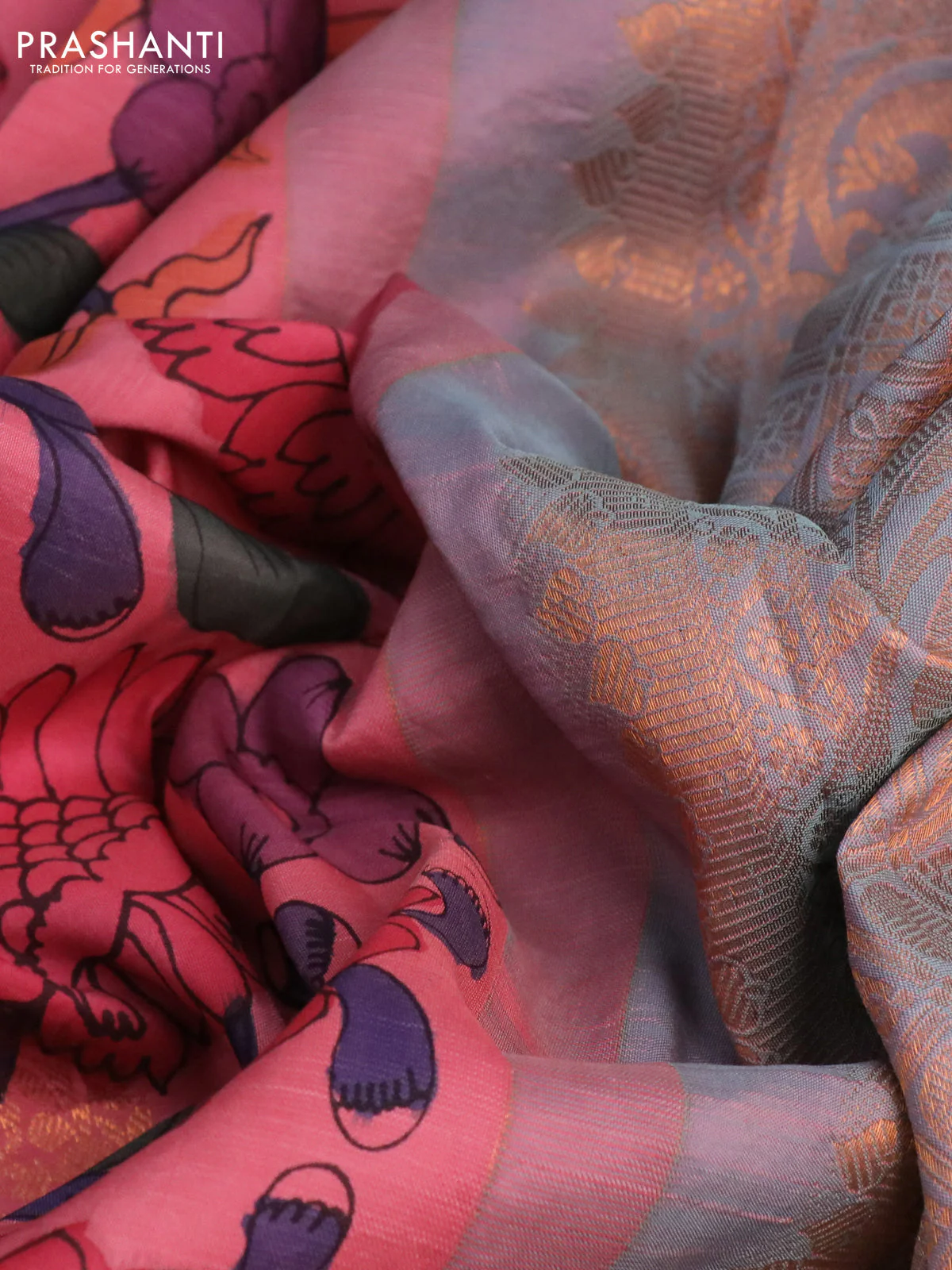 Pure kanchipuram silk saree peach pink and teal shade with allover pen kalamkari prints and copper zari woven border - Image 3