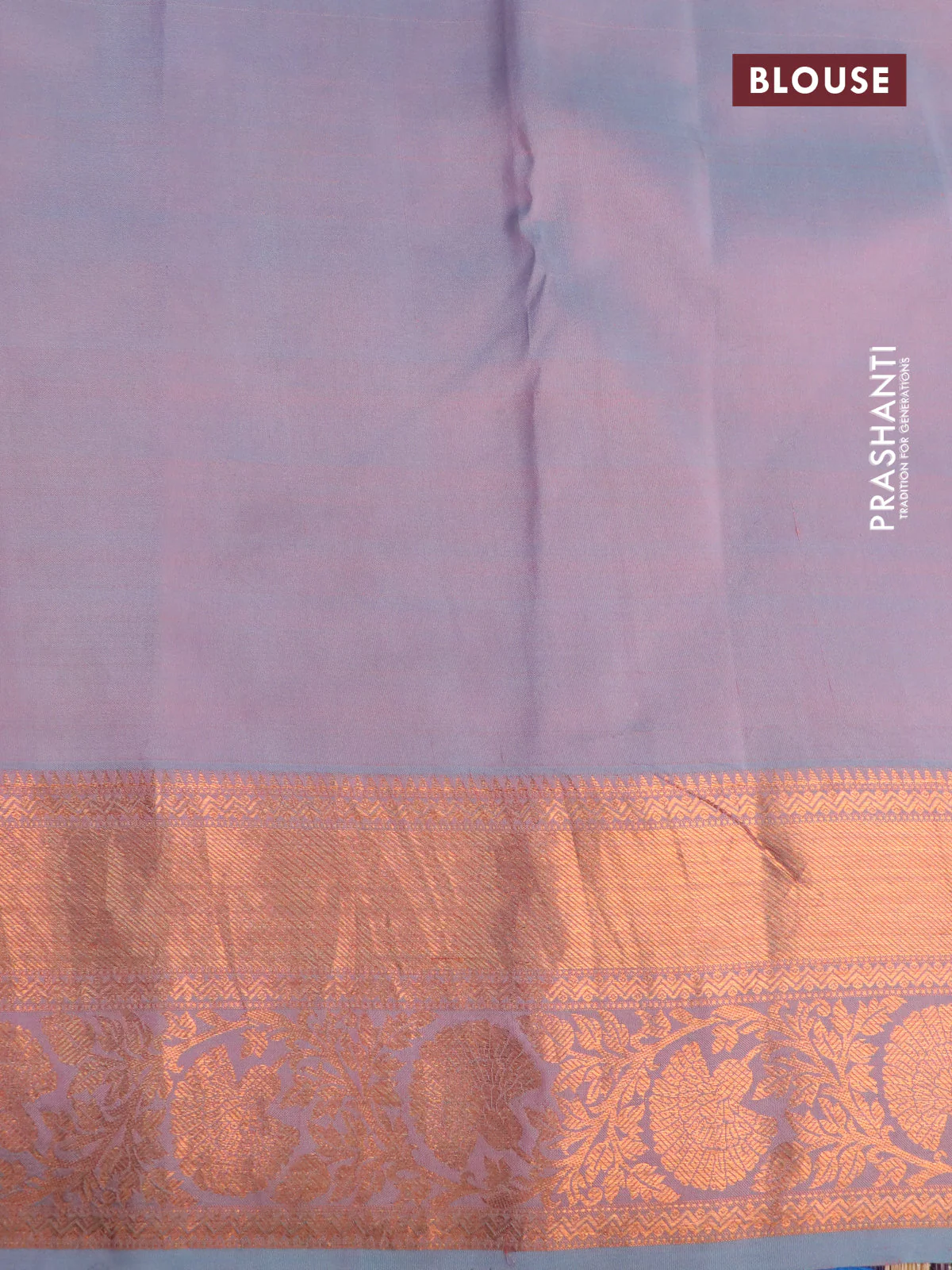 Pure kanchipuram silk saree peach pink and teal shade with allover pen kalamkari prints and copper zari woven border - Image 4
