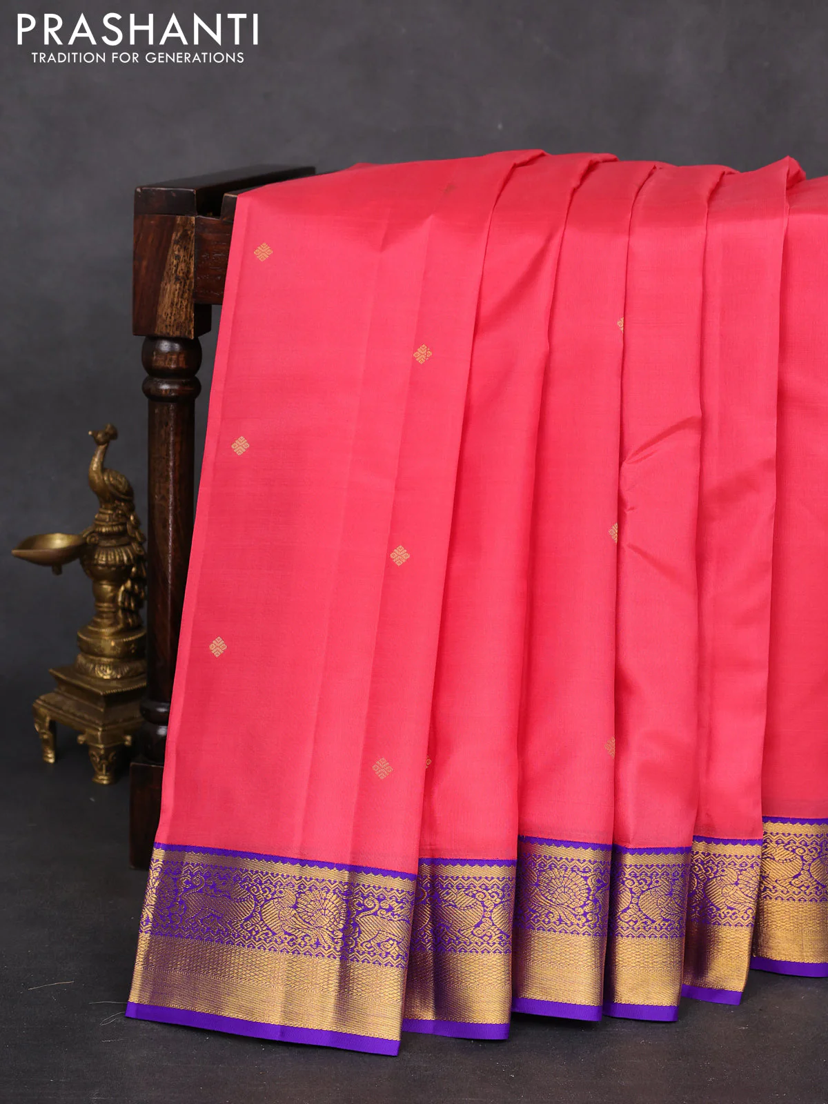 Pure kanchipuram silk saree peach pink and violet with zari woven buttas and zari woven korvai border