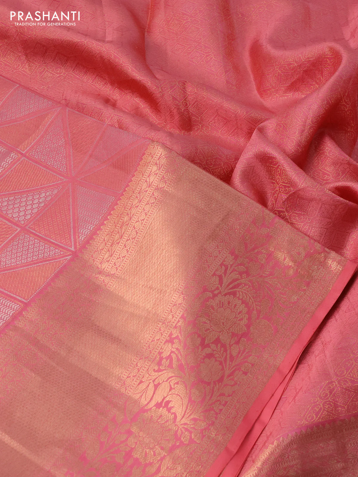 Pure kanchipuram silk saree peach pink with allover silver & gold zari woven geometric brocade weaves and long copper zari woven border - Image 3