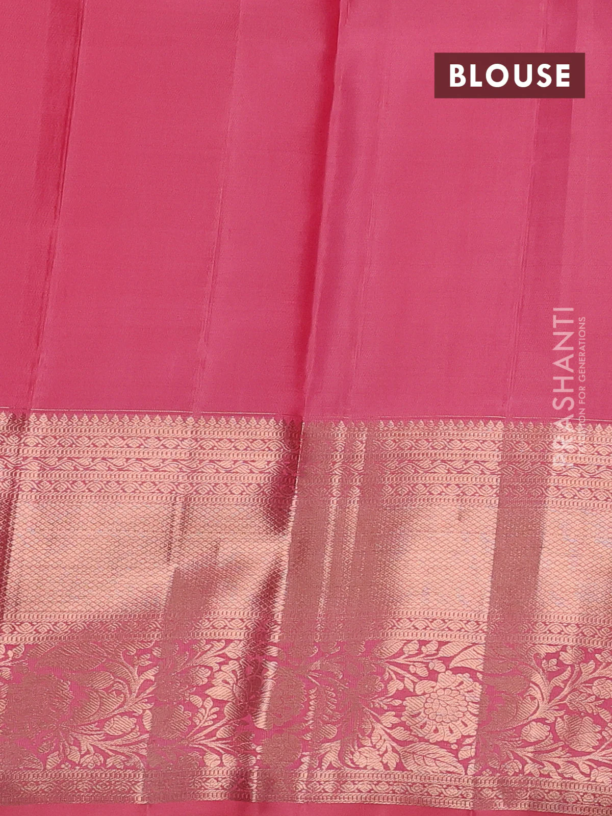 Pure kanchipuram silk saree peach pink with allover silver & gold zari woven geometric brocade weaves and long copper zari woven border - Image 4