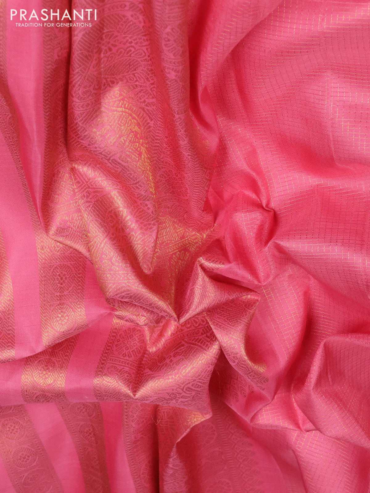 Pure kanchipuram silk saree peach pink with allover small zari woven checked pattern and rich zari woven border - Image 3