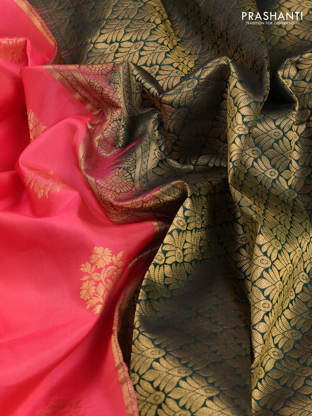 Pure kanchipuram silk saree peach shade and bottle green with zari woven buttas and long rettapet zari woven border - Image 3