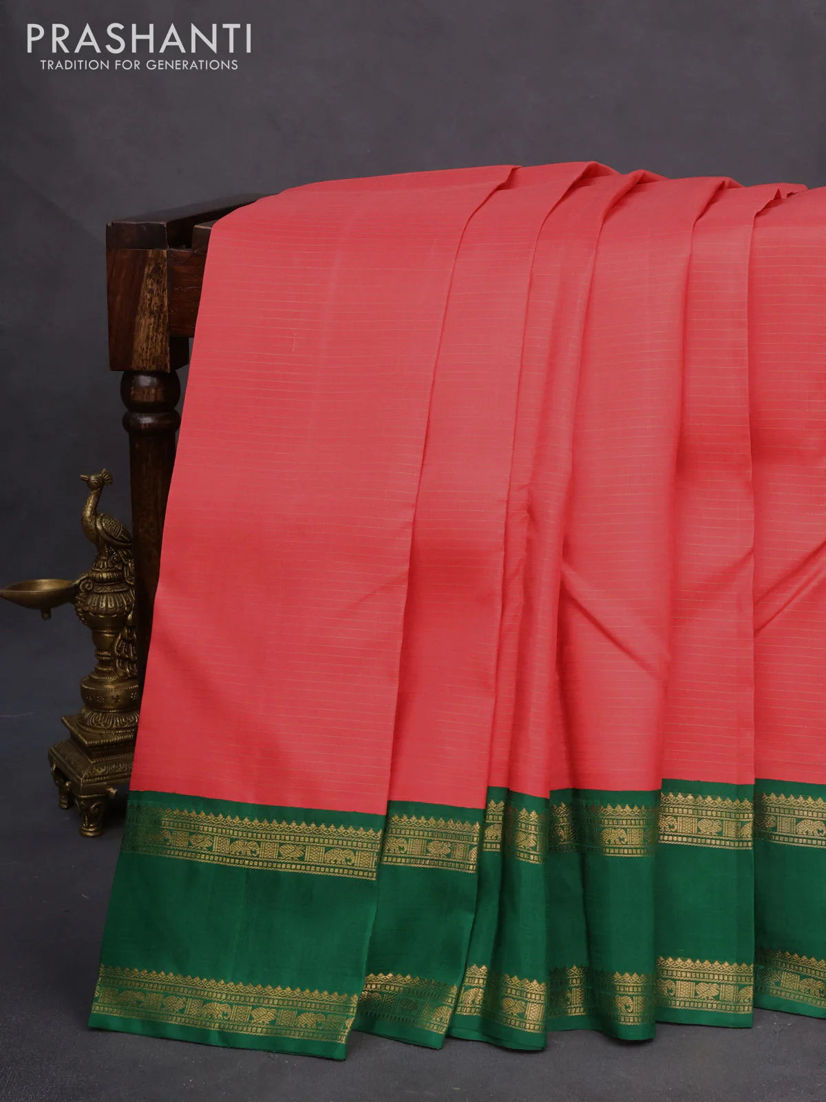 Pure kanchipuram silk saree peach shade and green with allover zari stripe pattern and rettapet zari woven korvai border - Image 2
