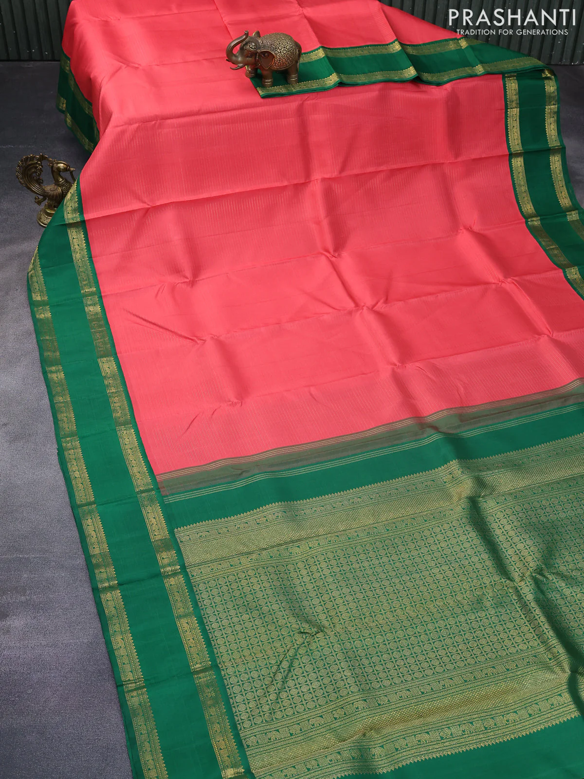 Pure kanchipuram silk saree peach shade and green with allover zari stripe pattern and rettapet zari woven korvai border - Image 3