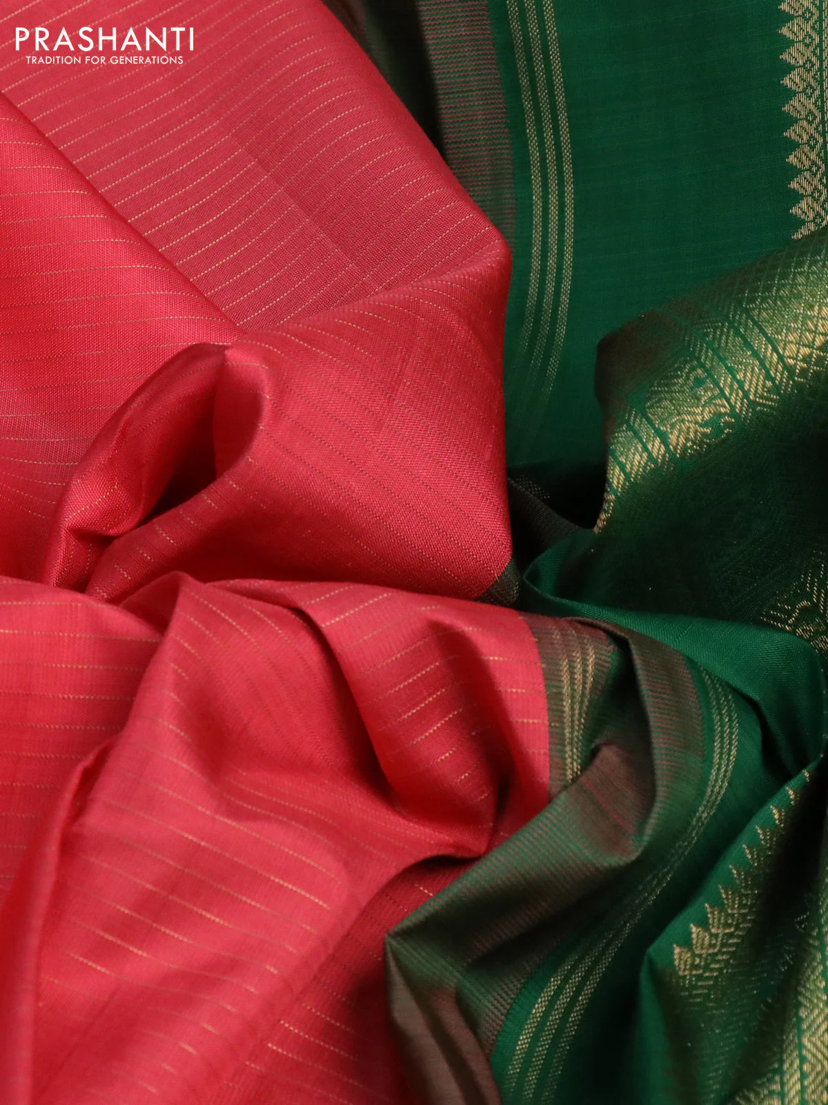 Pure kanchipuram silk saree peach shade and green with allover zari stripe pattern and rettapet zari woven korvai border - Image 4