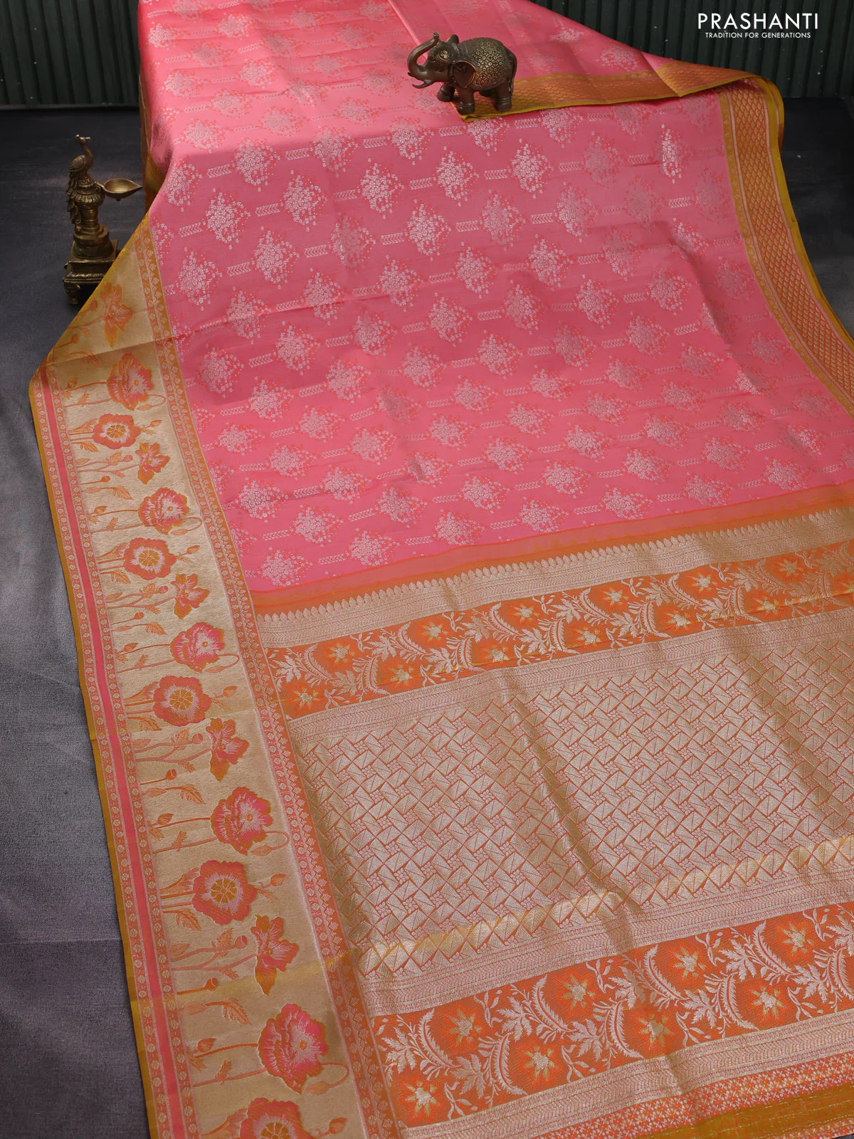 Pure kanchipuram silk saree peach shade and mustard yellow with allover silver zari woven brocade weaves and rich zari woven floral design border - Image 2
