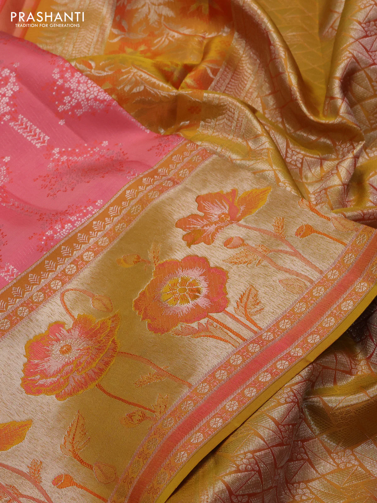 Pure kanchipuram silk saree peach shade and mustard yellow with allover silver zari woven brocade weaves and rich zari woven floral design border - Image 3