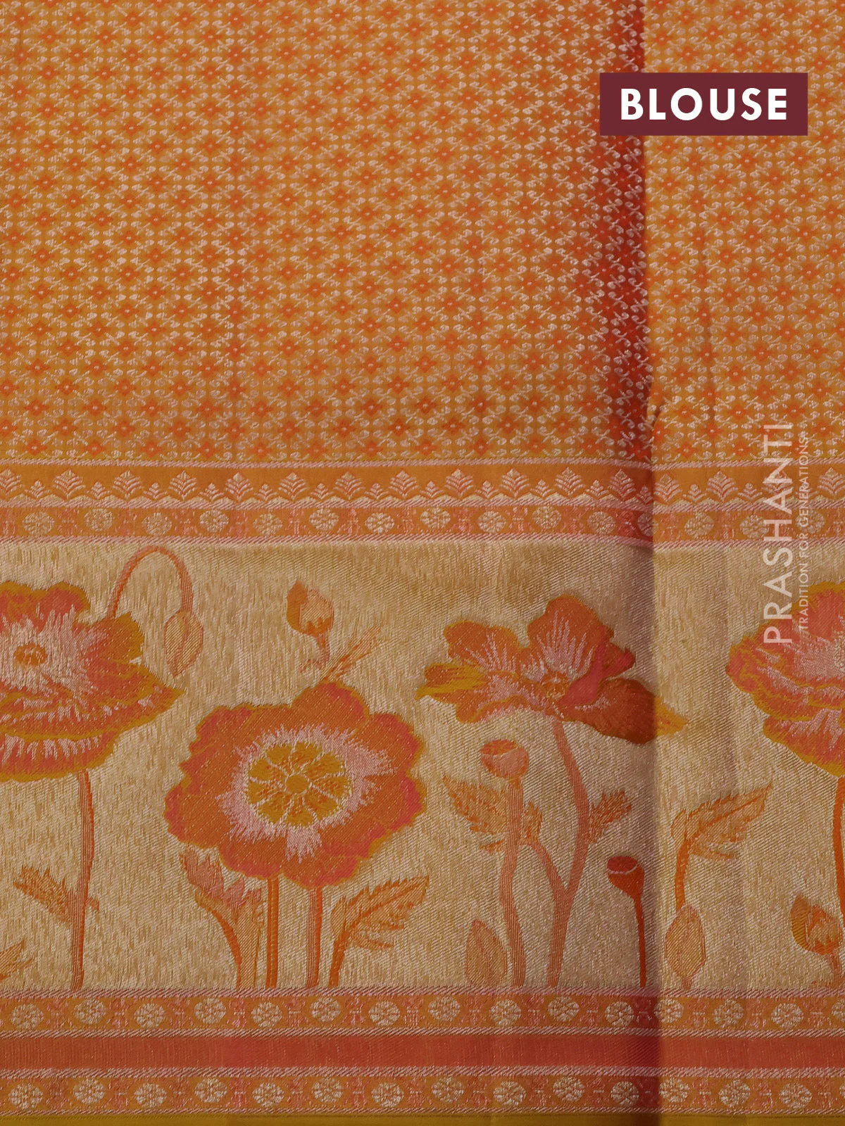 Pure kanchipuram silk saree peach shade and mustard yellow with allover silver zari woven brocade weaves and rich zari woven floral design border - Image 4