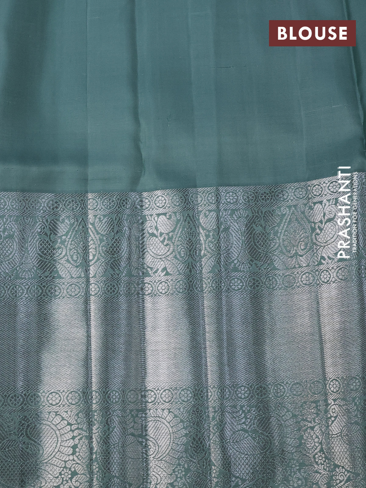 Pure kanchipuram silk saree peach shade and pastel green with allover silver zari woven brocade weaves and long silver zari woven border - Image 4