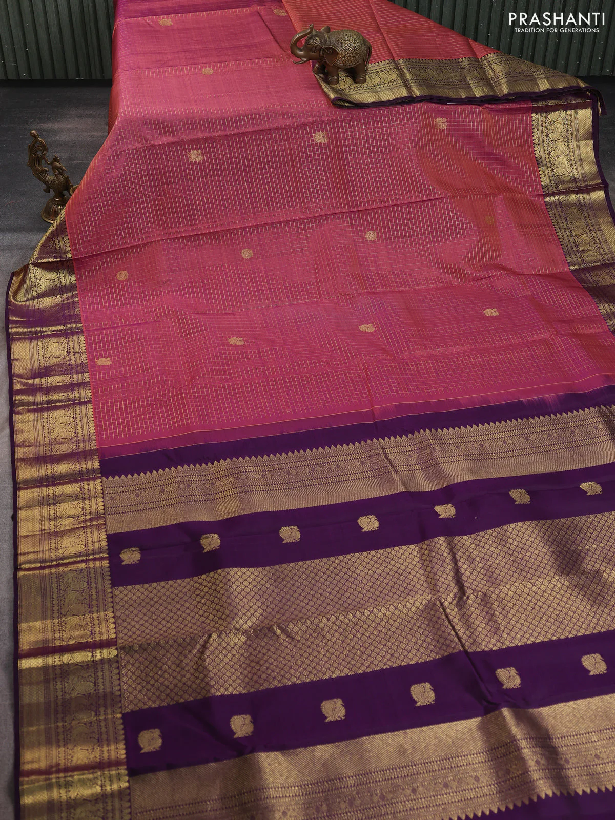 Pure kanchipuram silk saree peach shade and purple with allover zari checks & buttas and rich zari woven border - Image 2