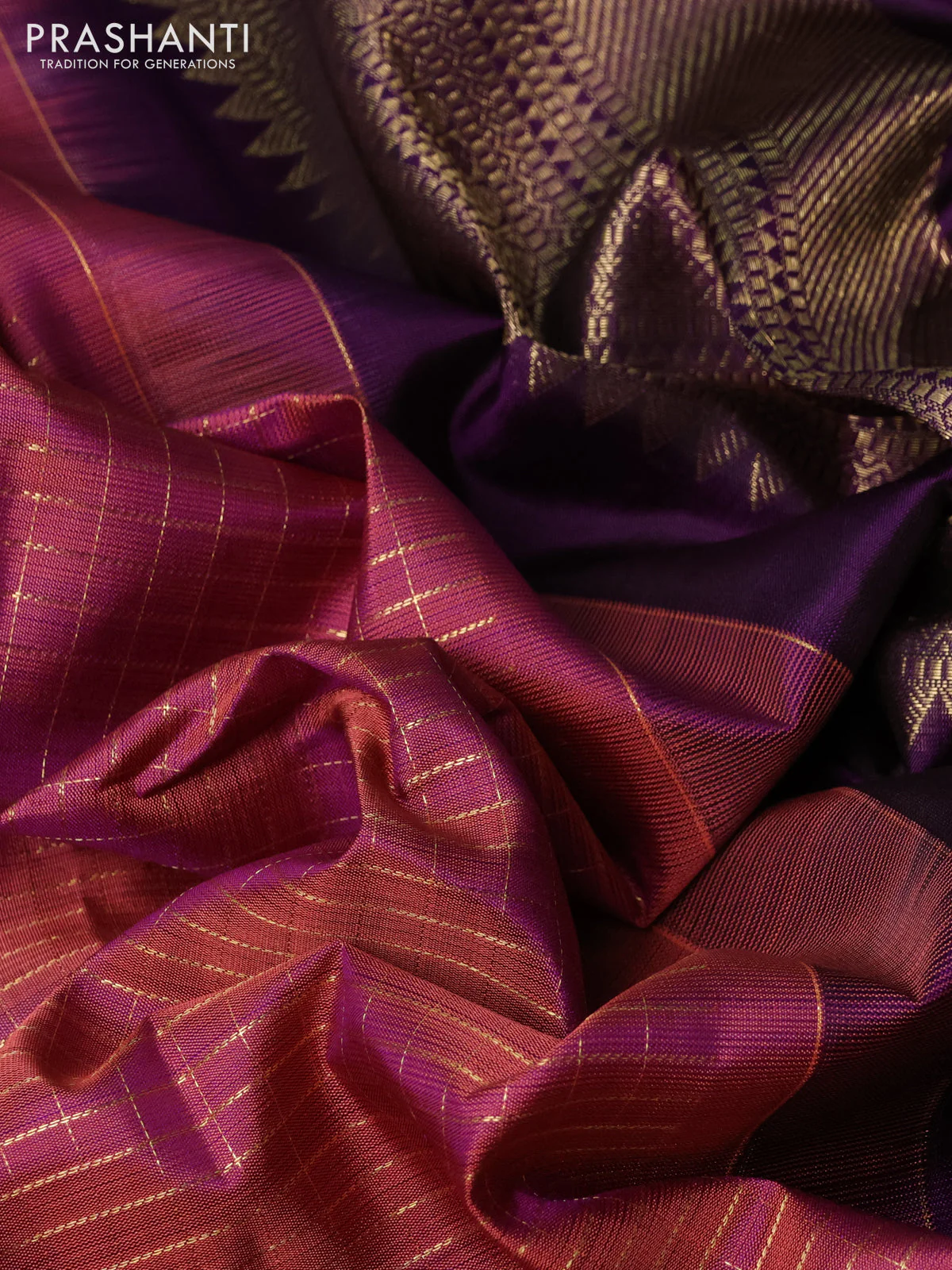 Pure kanchipuram silk saree peach shade and purple with allover zari checks & buttas and rich zari woven border - Image 3