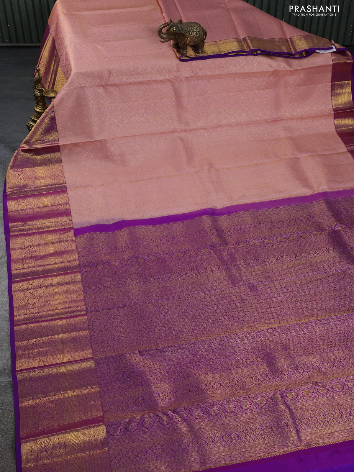 Pure kanchipuram silk saree peach shade and purple with allover zari woven brocade weaves and zari woven border - Image 2