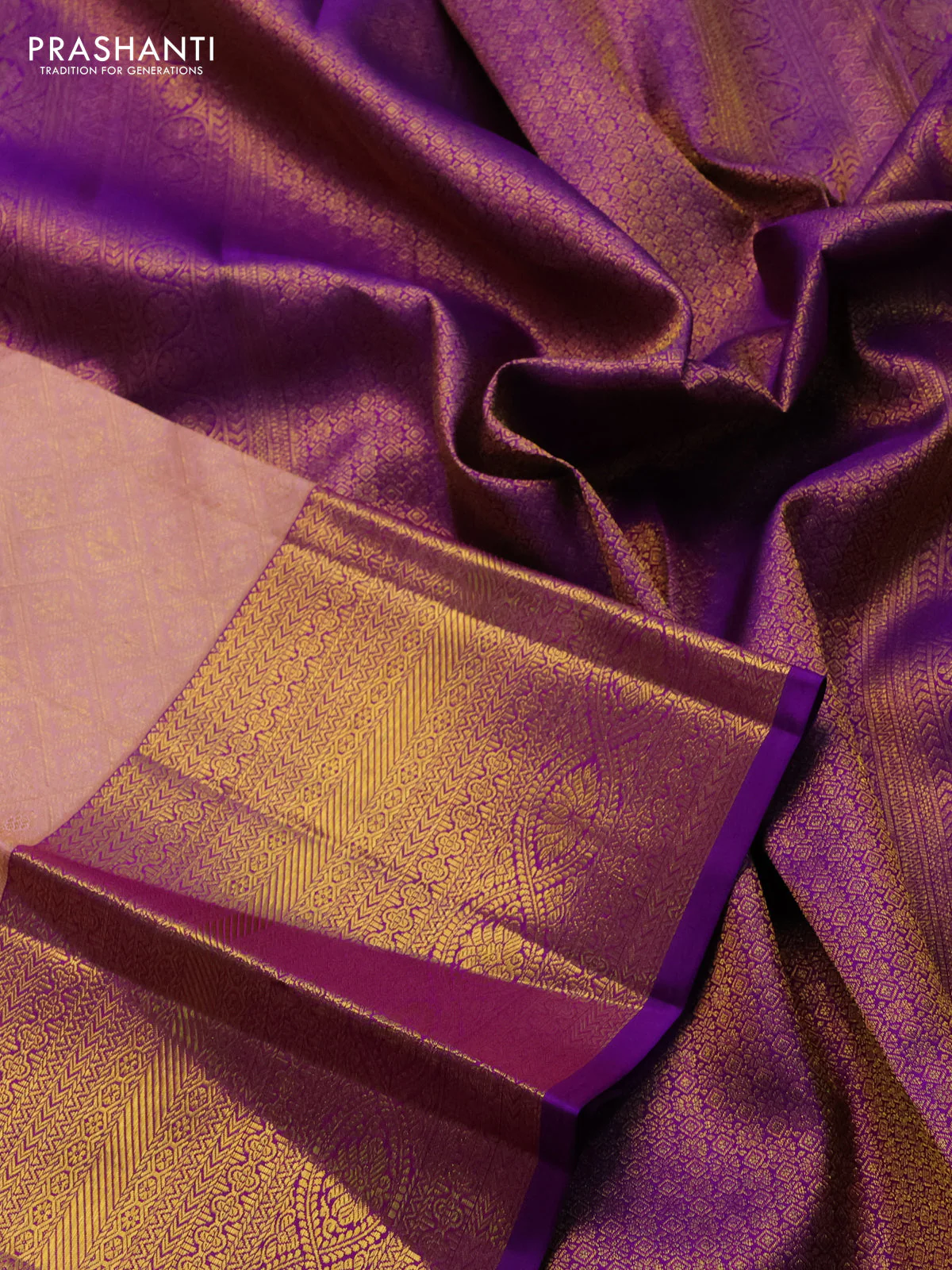 Pure kanchipuram silk saree peach shade and purple with allover zari woven brocade weaves and zari woven border - Image 3