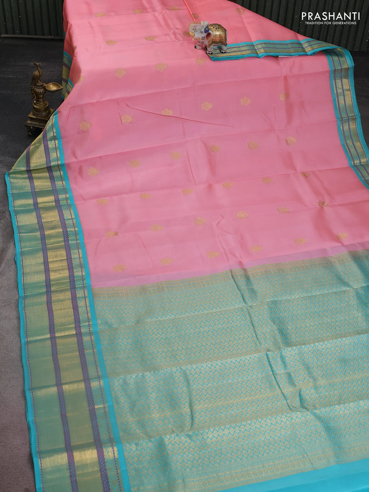 Pure kanchipuram silk saree peach shade and teal blue with zari woven buttas and long rich zari woven border - Image 2