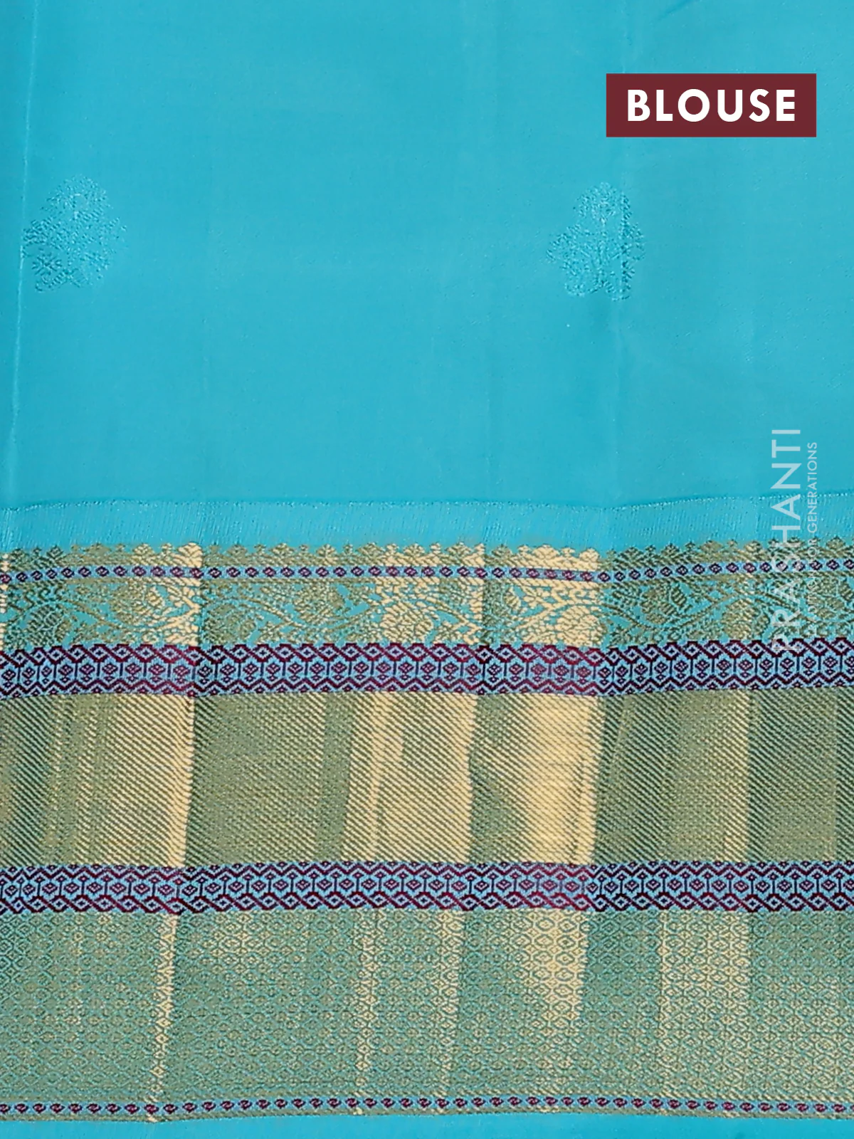 Pure kanchipuram silk saree peach shade and teal blue with zari woven buttas and long rich zari woven border - Image 3