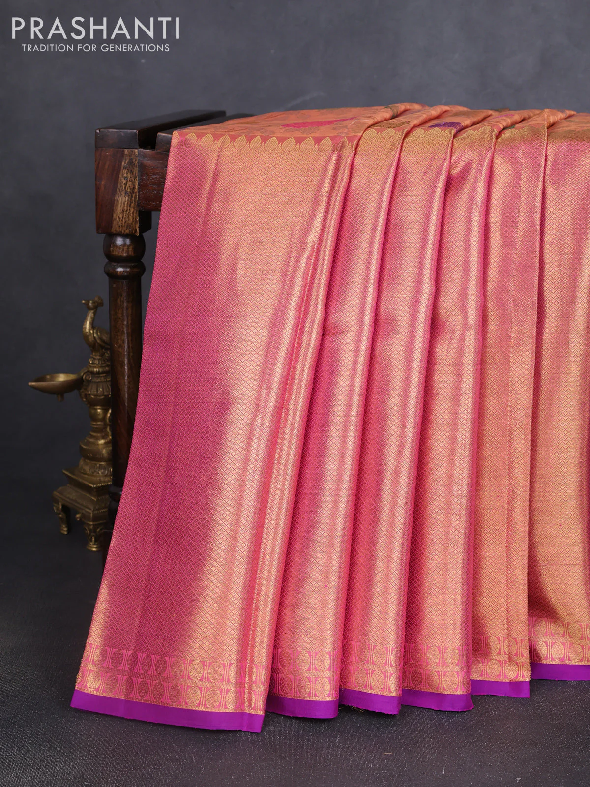 Pure kanchipuram silk saree peach shade with allover mina weaves and long zari woven border - Image 2