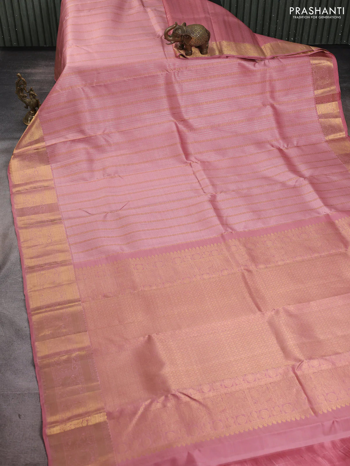 Pure kanchipuram silk saree peach shade with allover silver & gold zari weaves and rich zari woven border - Image 2