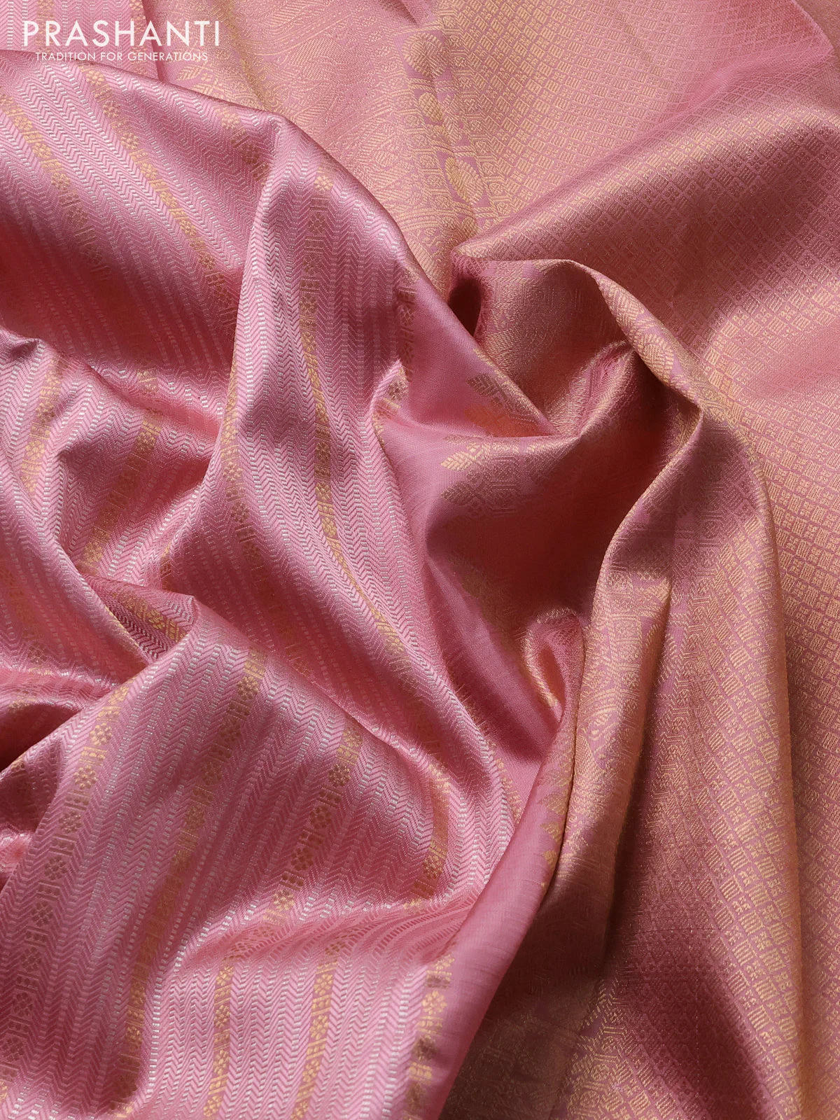 Pure kanchipuram silk saree peach shade with allover silver & gold zari weaves and rich zari woven border - Image 3