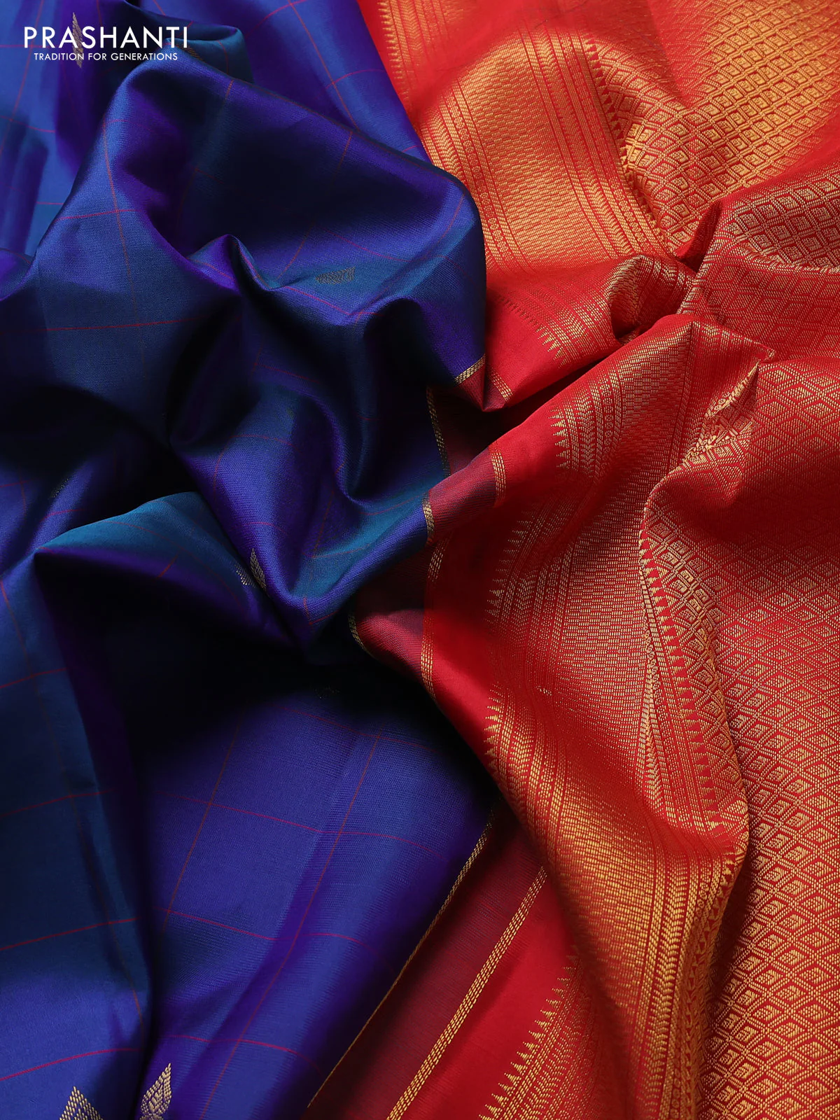 Pure kanchipuram silk saree peacock blue and red with allover checks & buttas and zari woven korvai border - Image 3