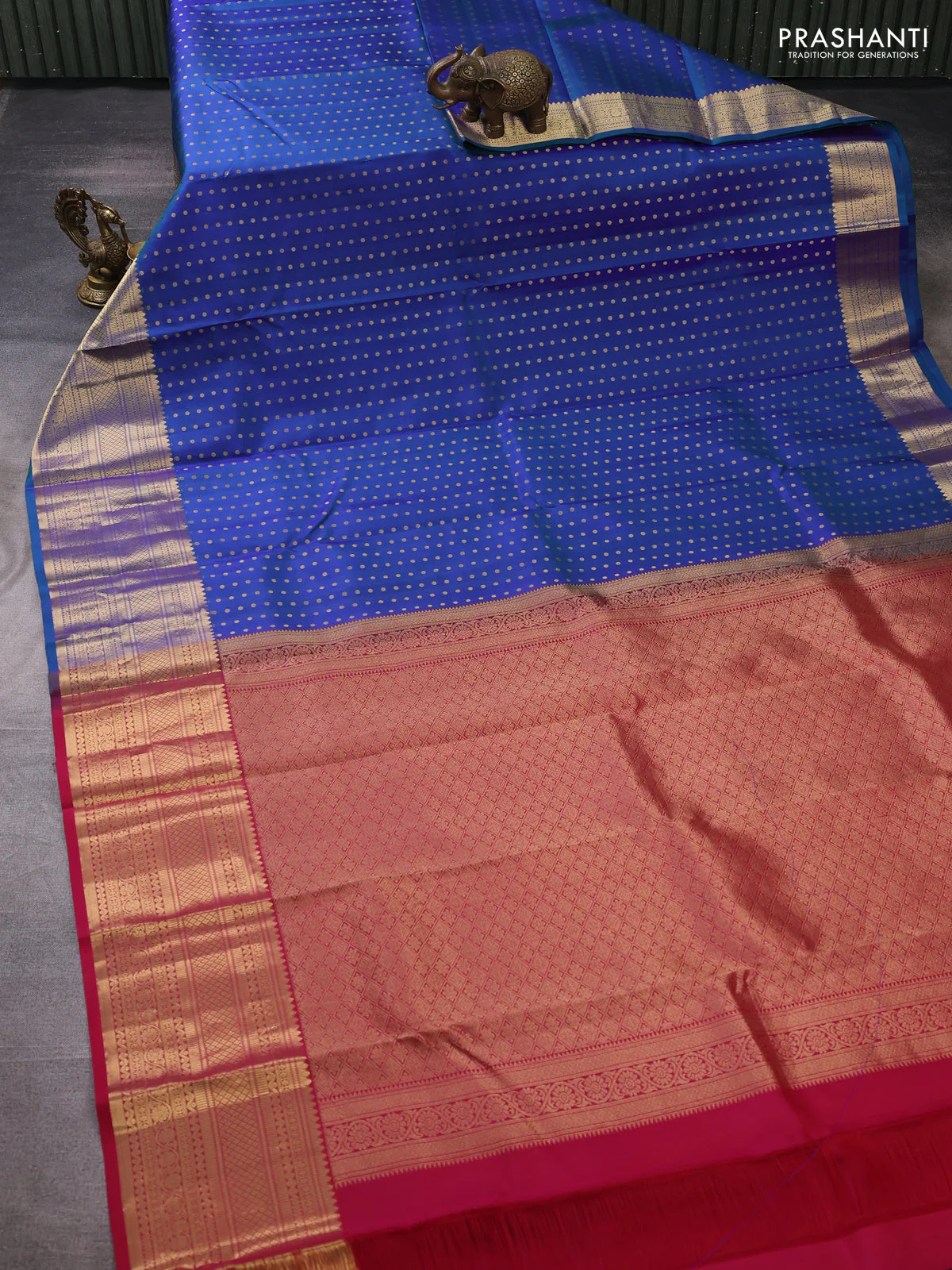 Pure kanchipuram silk saree peacock blue and red with allover zari woven buttas and long zari woven border - Image 2
