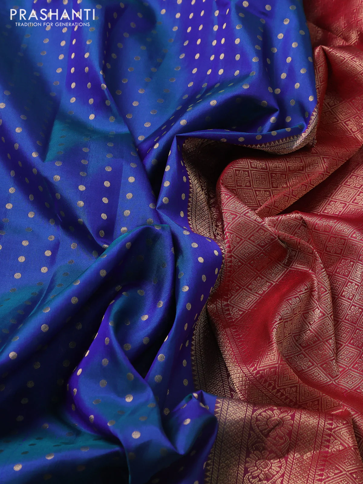 Pure kanchipuram silk saree peacock blue and red with allover zari woven buttas and long zari woven border - Image 3