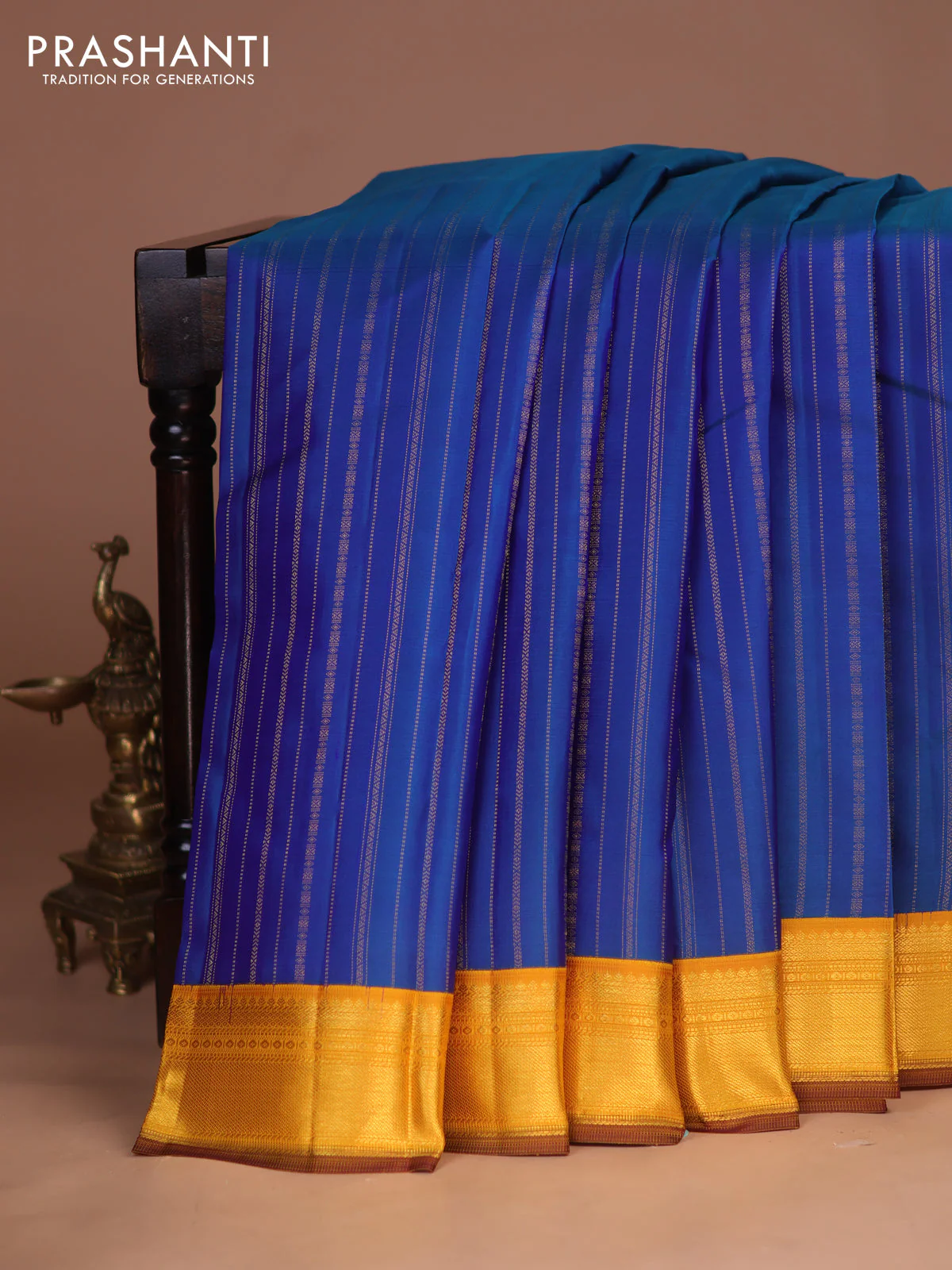 Pure kanchipuram silk saree peacock blue and yellow with allover zari weaves and zari woven korvai border