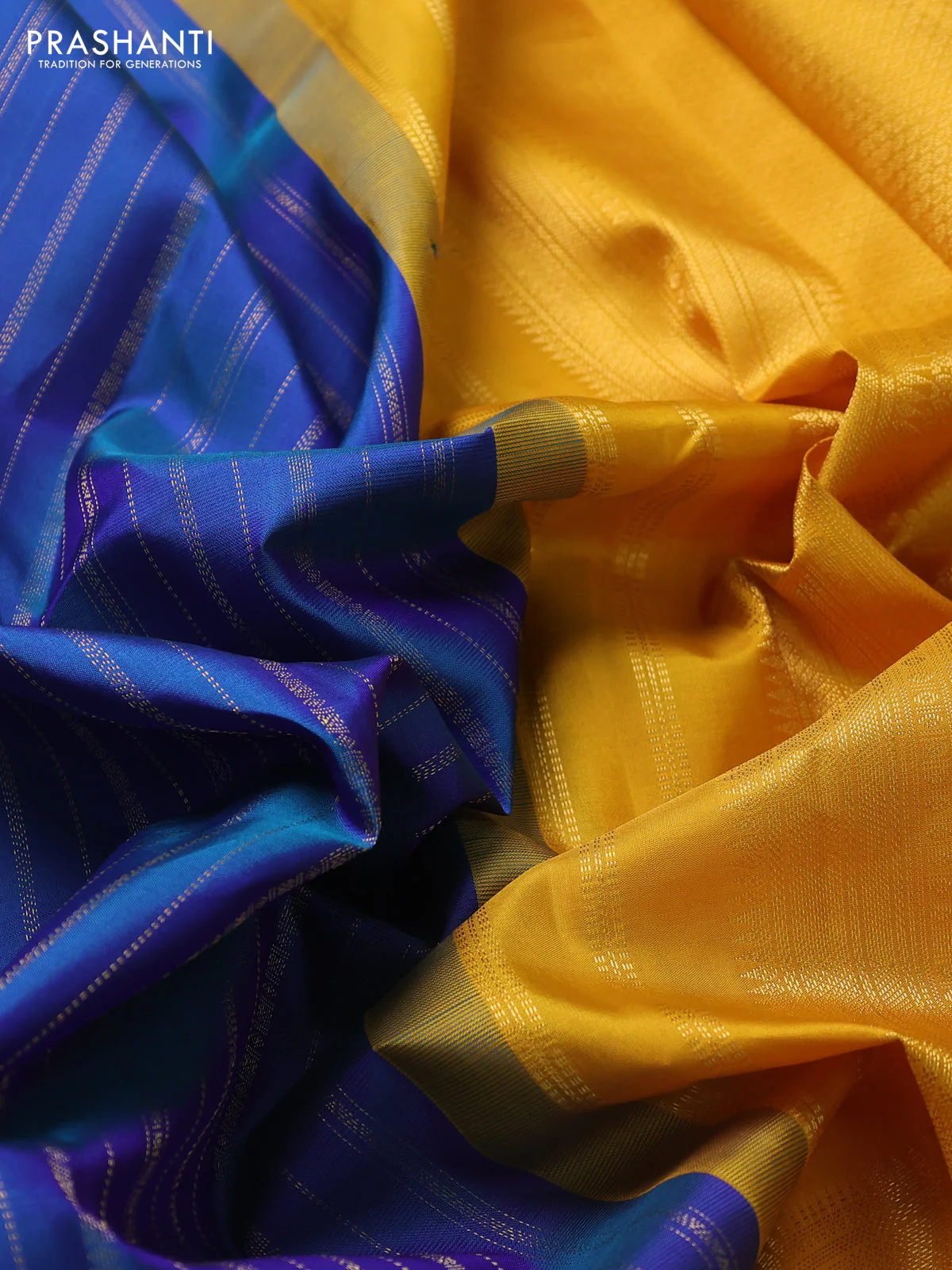 Pure kanchipuram silk saree peacock blue and yellow with allover zari weaves and zari woven korvai border - Image 3