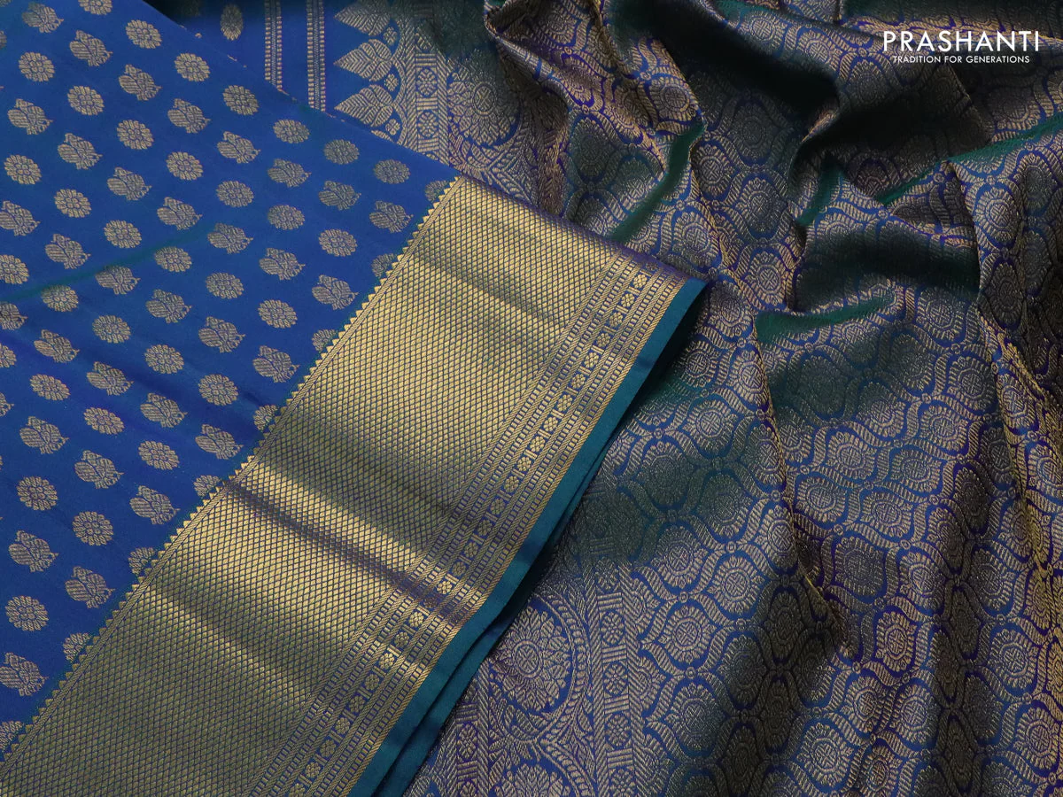 Pure kanchipuram silk saree peacock blue with allover annam & mayil chakram buttas and zari woven border - Image 4
