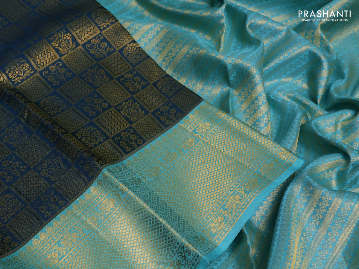 Pure kanchipuram silk saree peacock green and teal blue with allover zari woven brocade weaves and rich zari woven border - Image 3