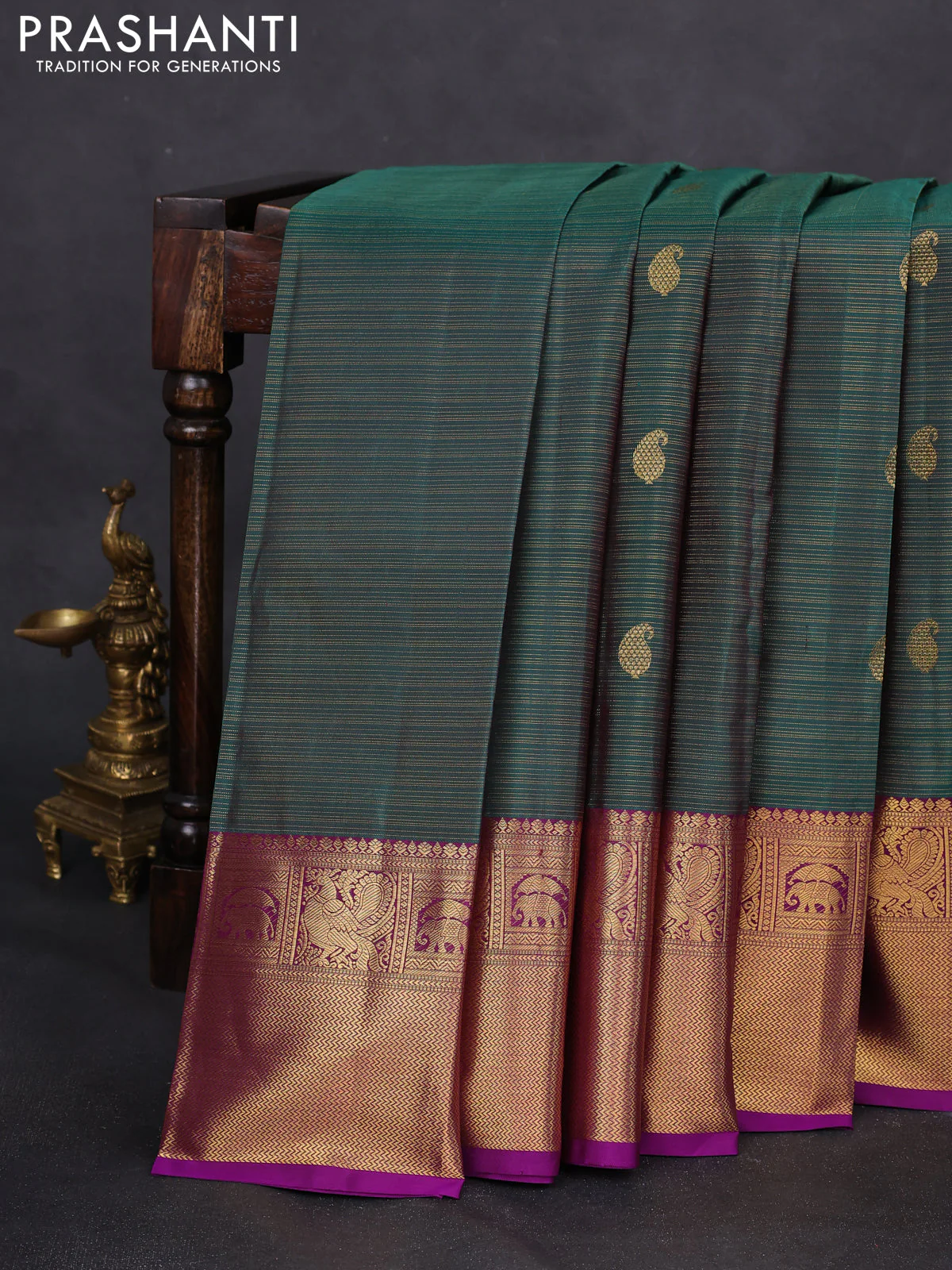 Pure kanchipuram silk saree peacock green and violet with allover zari woven vairaosi pattern & buttas and zari woven border - Image 2