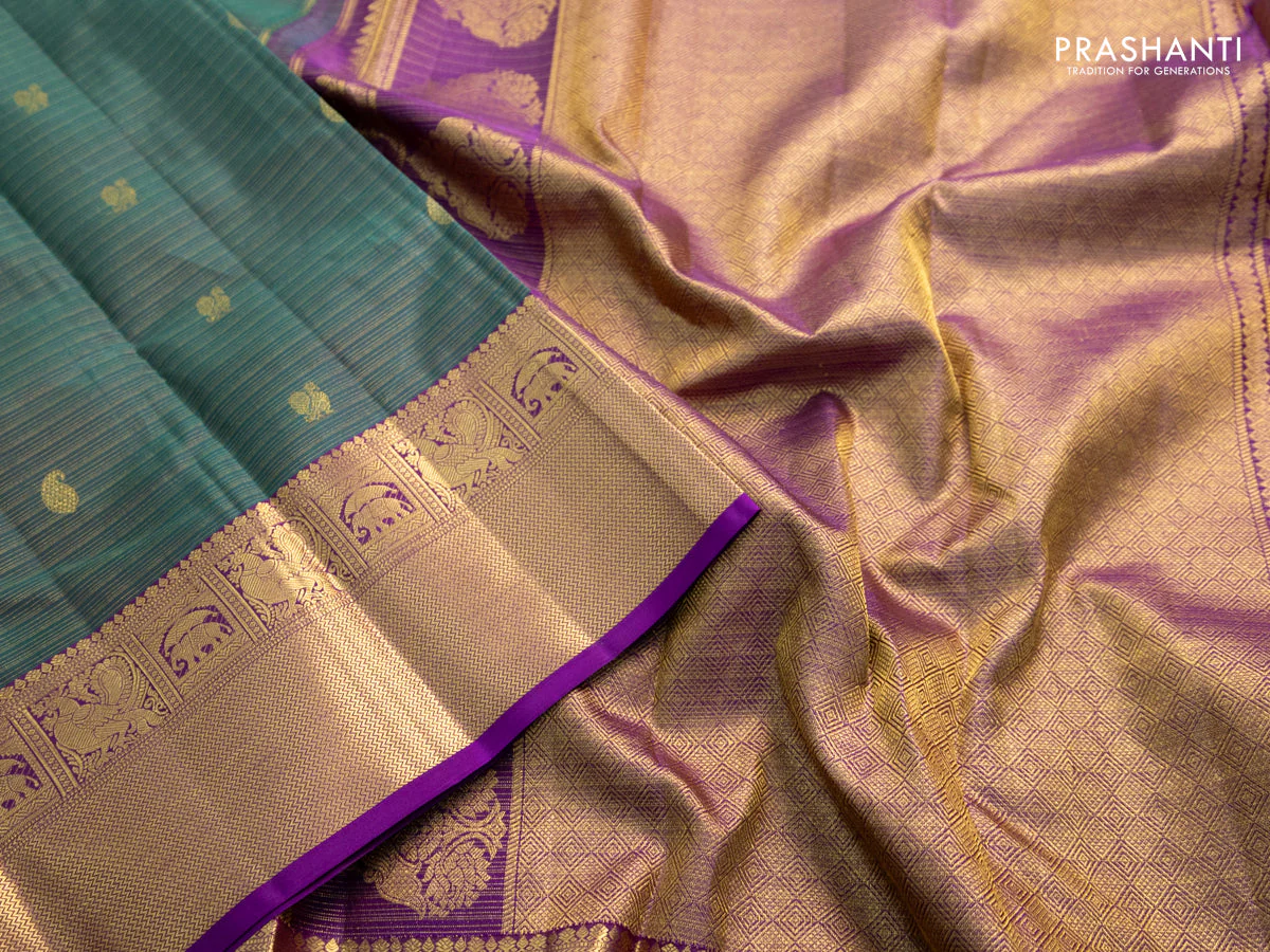Pure kanchipuram silk saree peacock green and violet with allover zari woven vairaosi pattern & buttas and zari woven border - Image 4