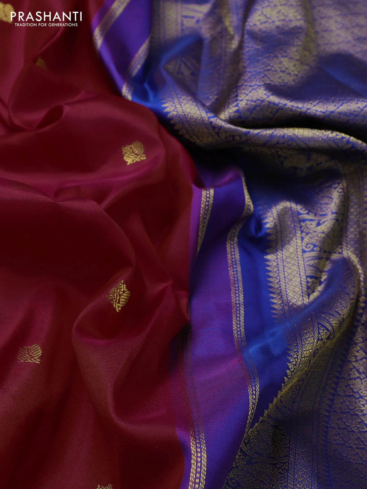 Pure kanchipuram silk saree pink and blue with annam zari woven buttas and temple design zari woven border - Image 3