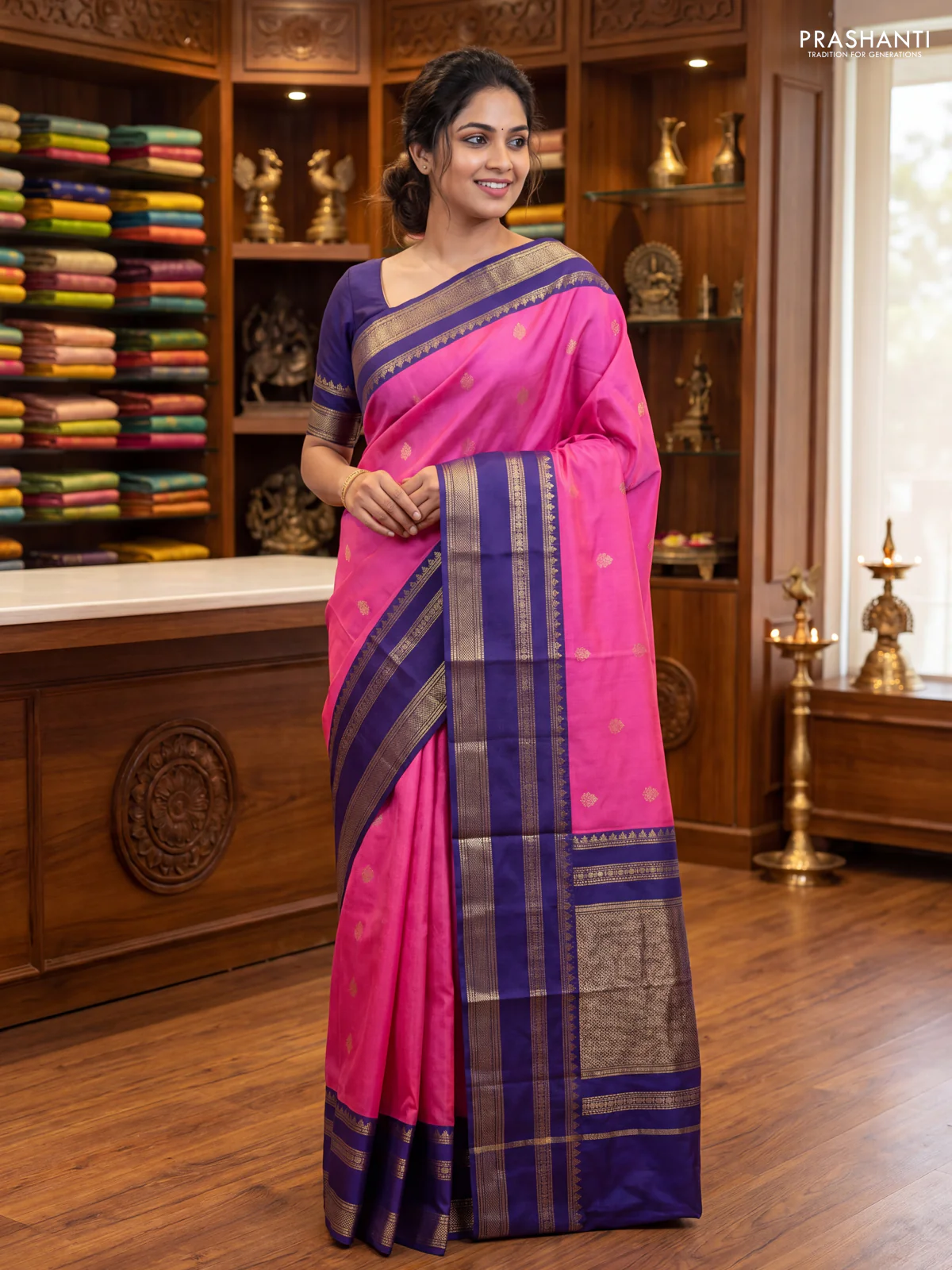 Pure kanchipuram silk saree pink and blue with zari woven buttas and long rettapet zari woven korvai border