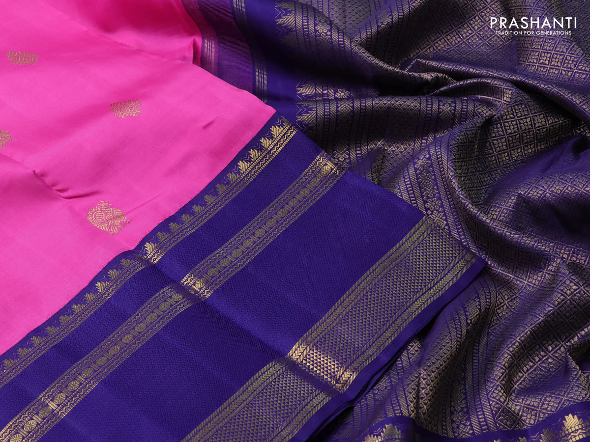 Pure kanchipuram silk saree pink and blue with zari woven buttas and long rettapet zari woven korvai border - Image 4
