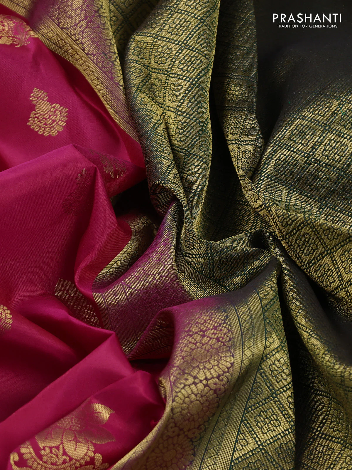 Pure kanchipuram silk saree pink and bottle green with zari woven buttas and rettapet zari woven korvai border - Image 3