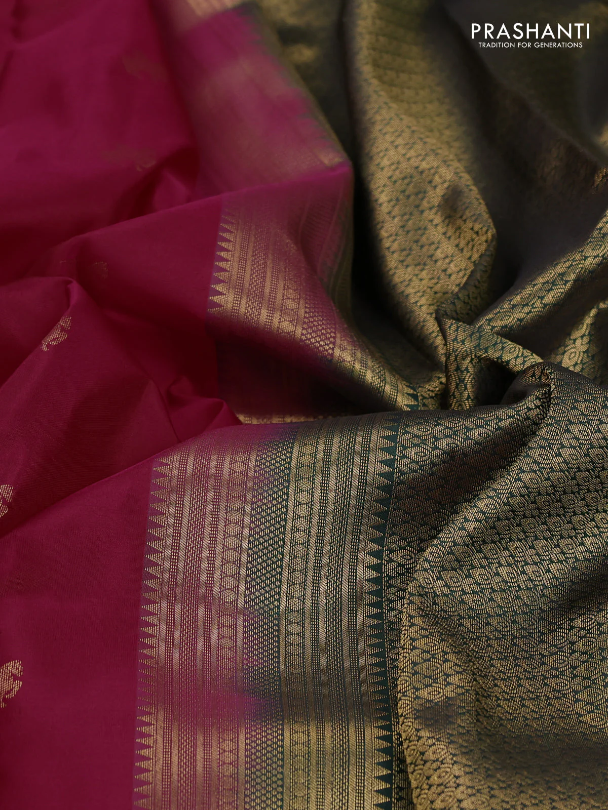 Pure kanchipuram silk saree pink and bottle green with zari woven buttas and rich zari woven border - Image 3