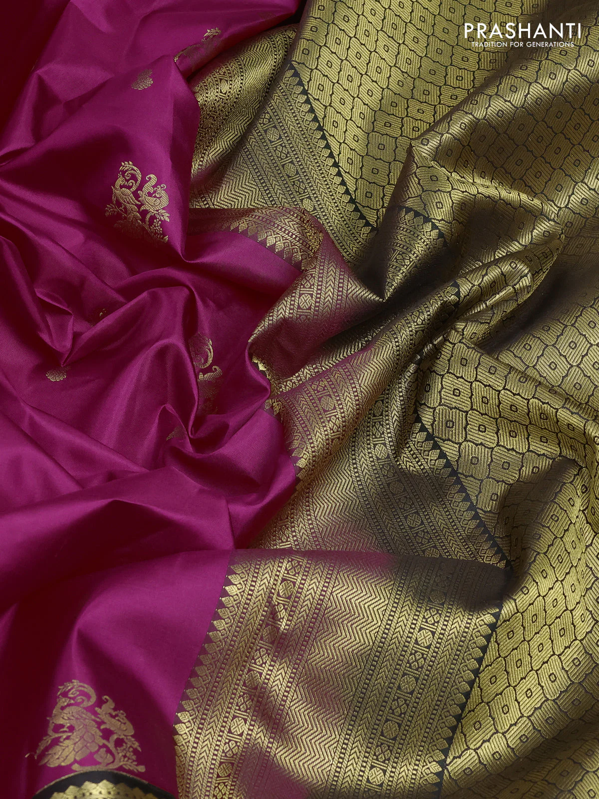 Pure kanchipuram silk saree pink and bottle green with zari woven buttas and zari woven korvai border - Image 3