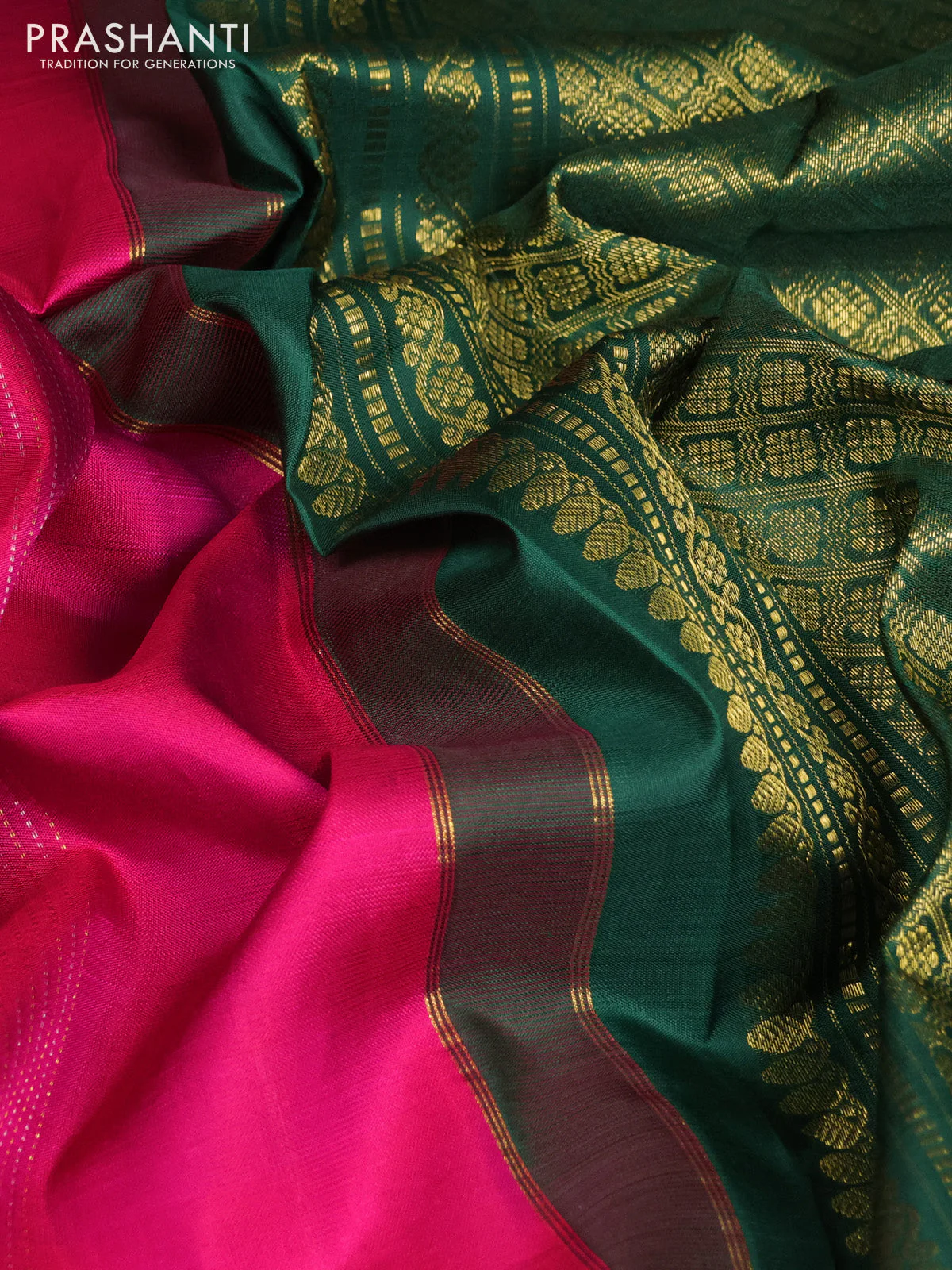 Pure kanchipuram silk saree pink and dark green with allover zari weaves & buttas in borderless style - Image 3