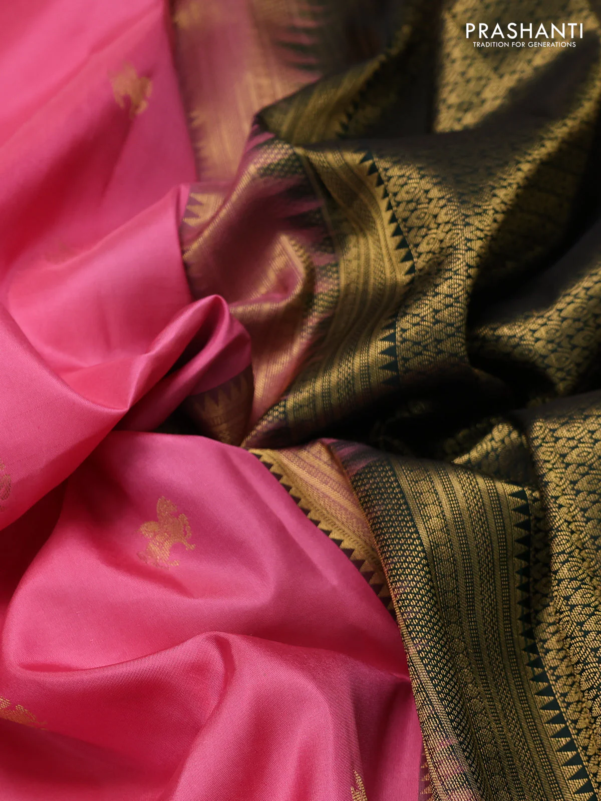 Pure kanchipuram silk saree pink and dark green with zari woven buttas and zari woven korvai border - Image 3