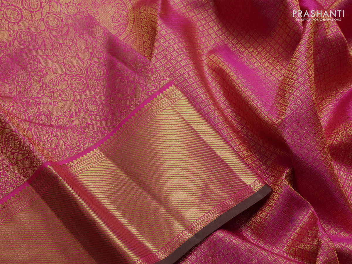 Pure kanchipuram silk saree pink and dual shade of green with allover zari woven brocade weaves and rich zari woven border - Image 3