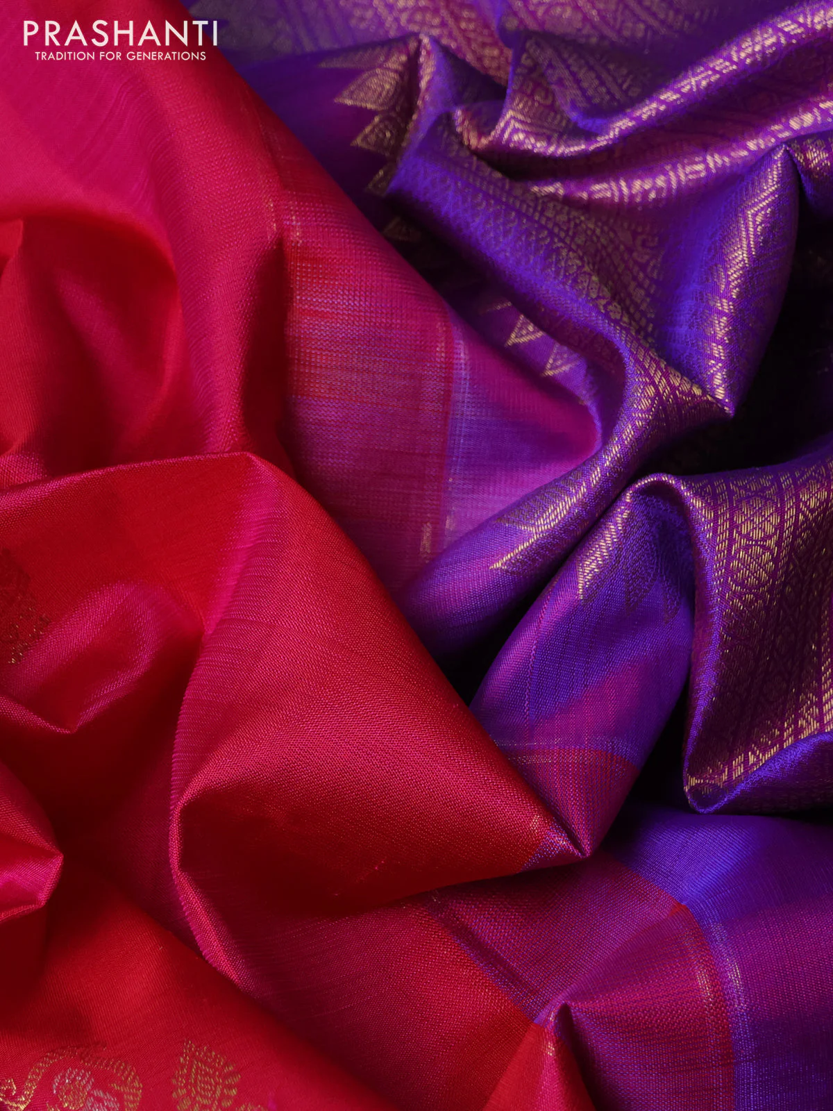 Pure kanchipuram silk saree pink and dual shade of purple with zari woven buttas and long zari woven border - Image 3